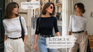 Женщина в минималистичном образе в блузе с рукавом три четверти, весенний стиль в духе 90-х с элегантным силуэтом