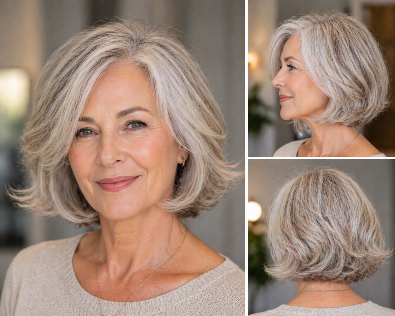 Стильная женщина старше 60 лет с короткой слоистой стрижкой и объёмом, подчёркивающим густоту тонких волос