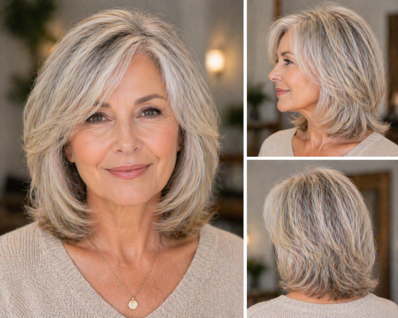 Стильная женщина старше 60 лет с короткой слоистой стрижкой и объёмом, подчёркивающим густоту тонких волос