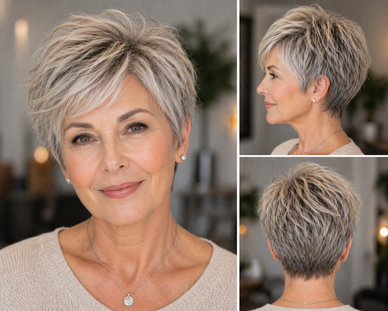 Стильная женщина старше 60 лет с короткой слоистой стрижкой и объёмом, подчёркивающим густоту тонких волос