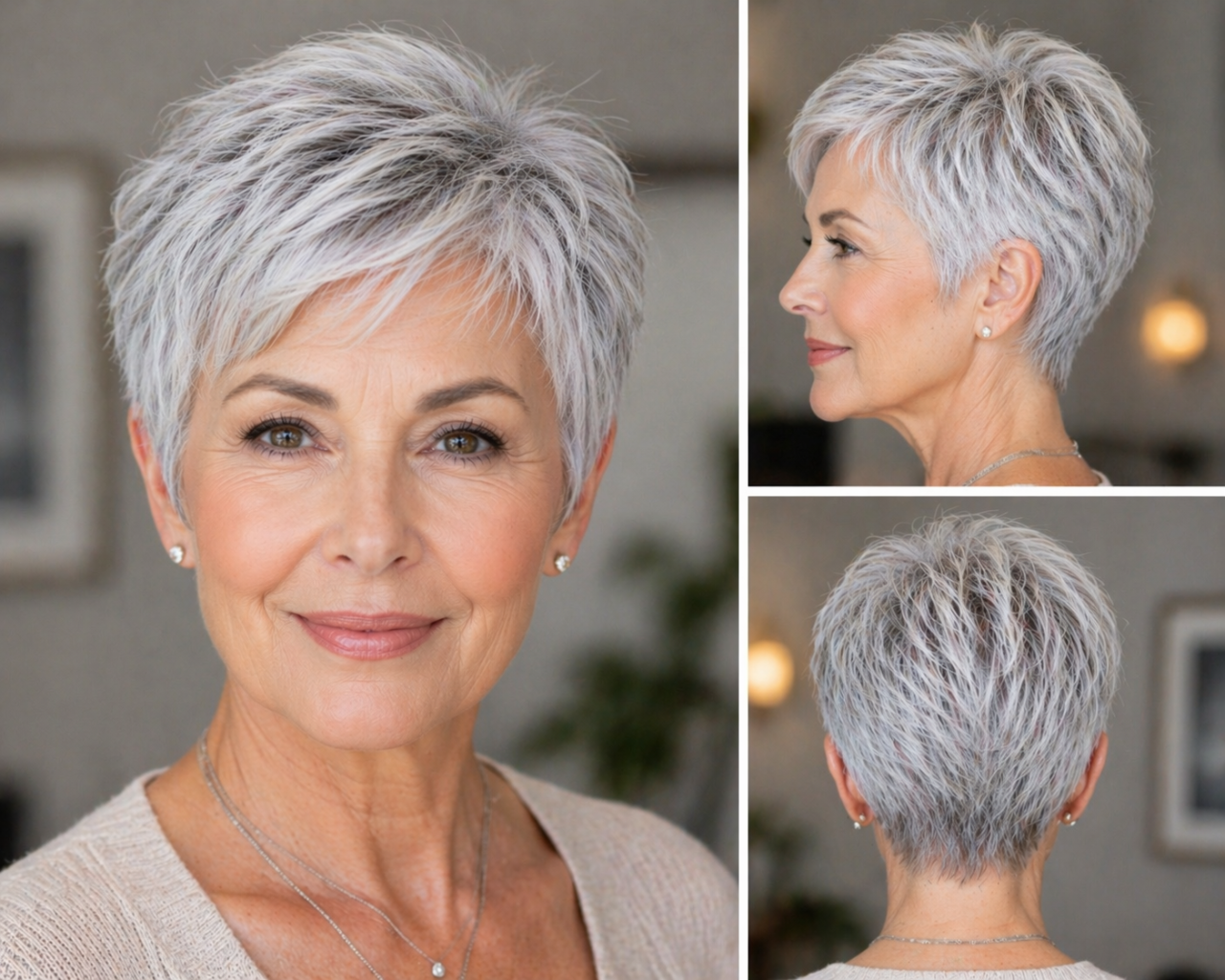 Стильная женщина старше 60 лет с короткой слоистой стрижкой и объёмом, подчёркивающим густоту тонких волос