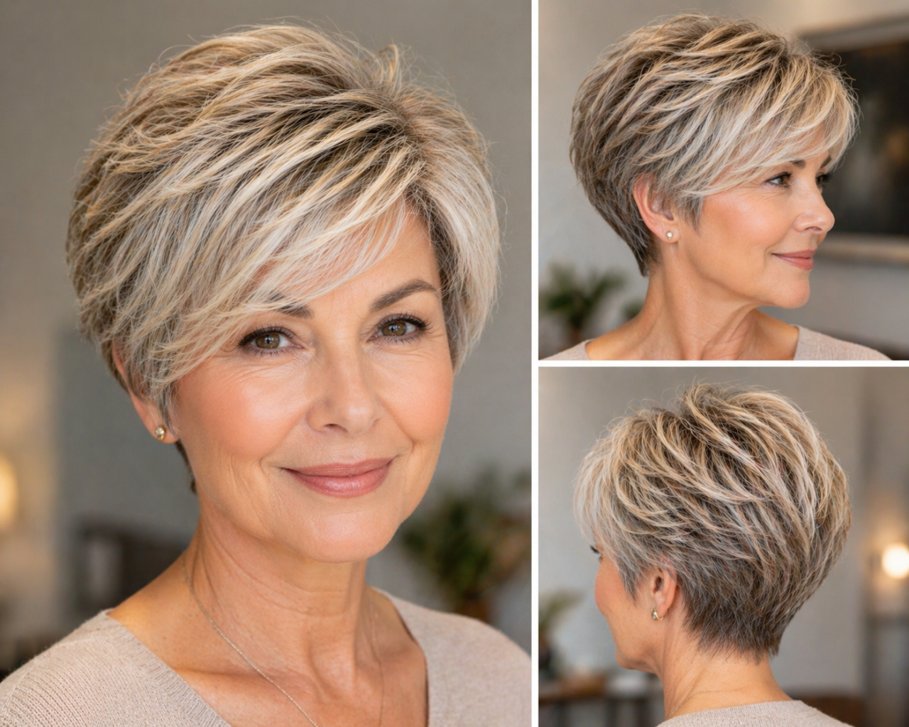 Стильная женщина старше 60 лет с короткой слоистой стрижкой и объёмом, подчёркивающим густоту тонких волос