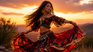 Красивая цыганка в ярком платье танцует на закате, символизируя мистику, свободу и предсказания судьбы в цыганском гороскопе