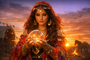 цыганка в ярком платье на закате держит в руках хрустальный шар, символизируя движение судьбы и магию предсказаний в цыганском гороскопе
