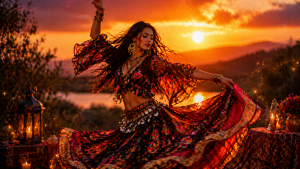 Цыганка в танце на закате, символ магии, судьбы и мистических предсказаний в цыганском гороскопе