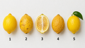 пять лимонов на светлом фоне — одинаковой формы, но разной текстуры и цвета, один с листочком, под каждым номер для психологического теста
