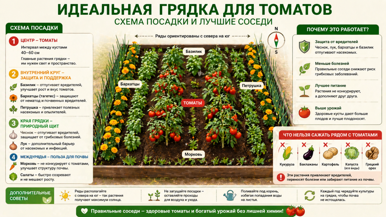 Схема посадки томатов на грядке - расположение растений, базилик, чеснок и бархатцы вокруг кустов