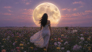 Полная Луна над цветочным полем — символ Цветочного полнолуния и астрологических перемен