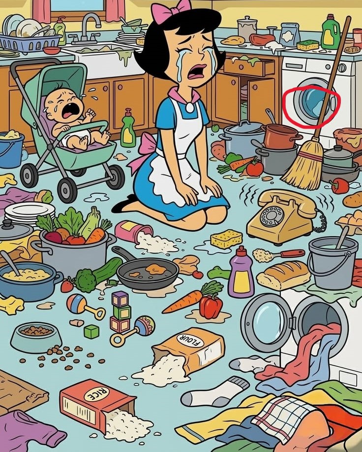 хаос на кухне, плачущий ребенок и женщина, среди предметов спрятана бутылочка молока, визуальная головоломка