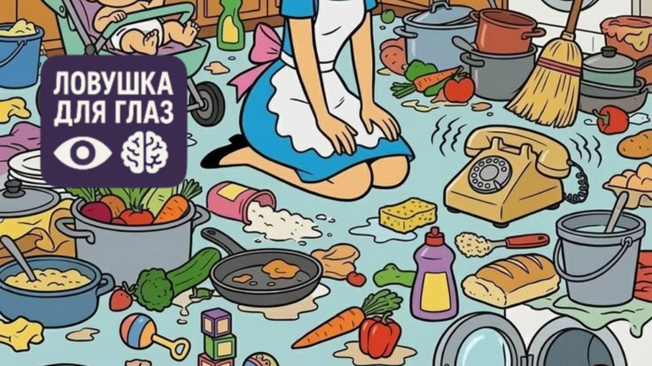 хаос на кухне, плачущий ребенок и женщина, среди предметов спрятана бутылочка молока, визуальная головоломка