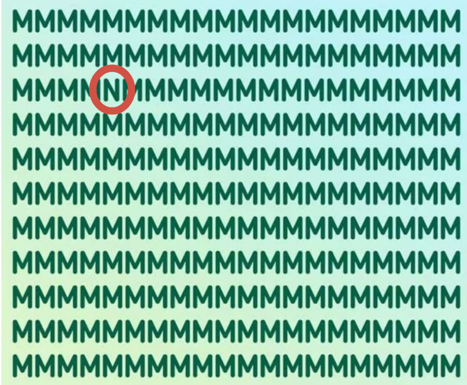 Множество одинаковых букв M на светлом фоне, среди которых спрятана одна буква N - визуальная головоломка на внимательность