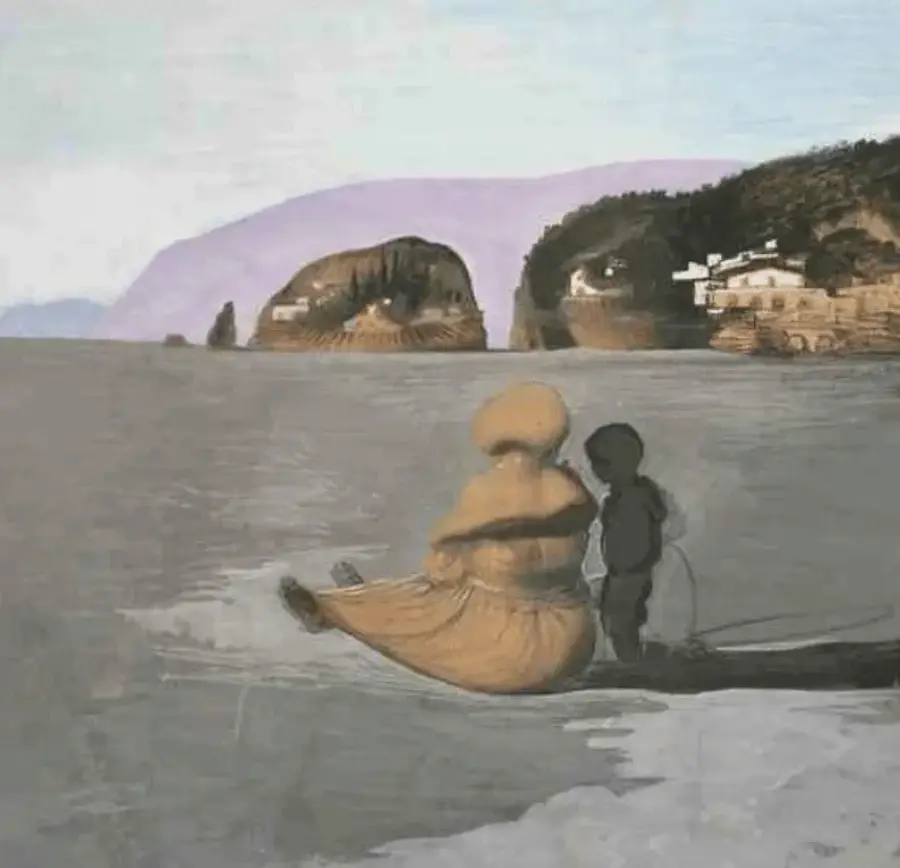 Оптическая иллюзия: изображение, в котором можно увидеть лицо женщины, ребёнка на берегу и морской пейзаж