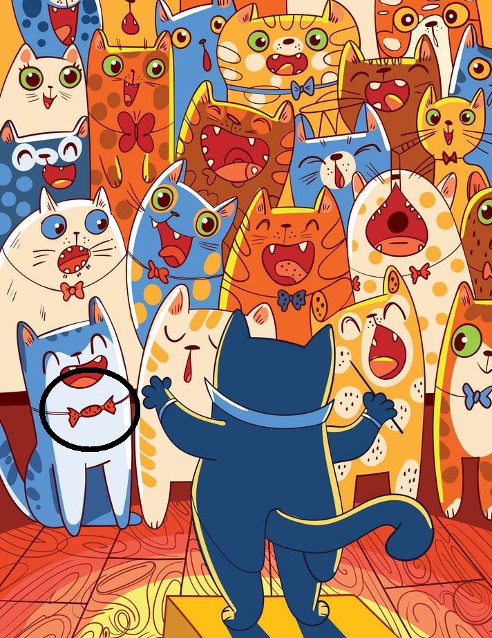 Множество ярких мультяшных котов, среди которых спрятана конфета - визуальная головоломка на внимательность