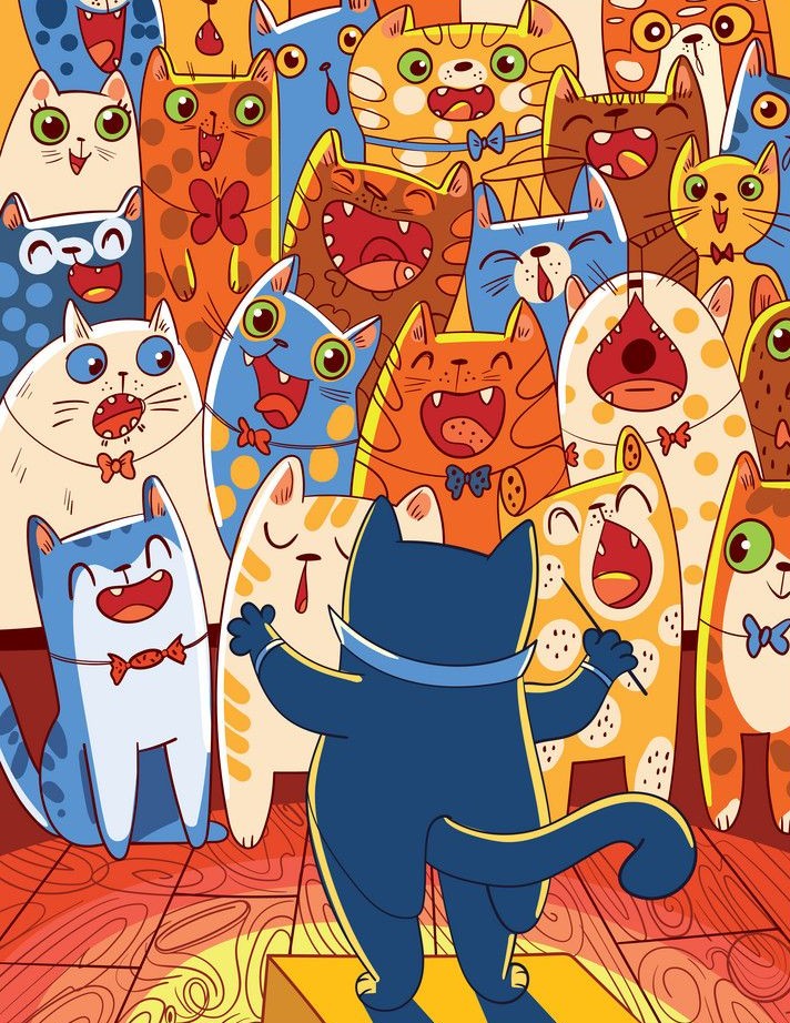 Множество ярких мультяшных котов, среди которых спрятана конфета - визуальная головоломка на внимательность