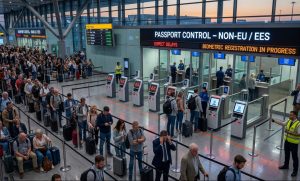 Пассажиры в очереди на паспортный контроль в европейском аэропорту после запуска системы EES, апрель 2026