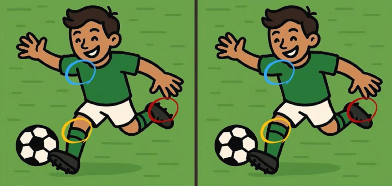 два почти одинаковых рисунка футболиста с мячом на зелёном поле, нужно найти три отличия между изображениями