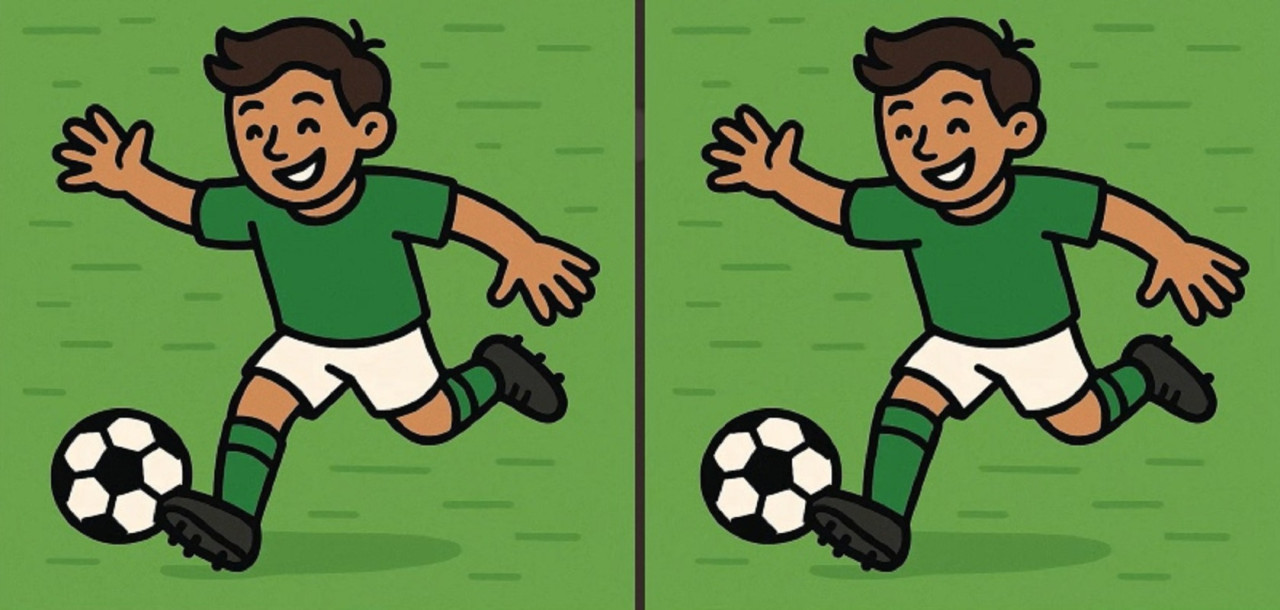два почти одинаковых рисунка футболиста с мячом на зелёном поле, нужно найти три отличия между изображениями
