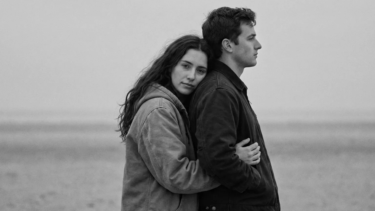 Пара сидит в напряжённой атмосфере — мужчина и женщина отвернулись друг от друга, символизируя проблемы в отношениях, ревность и отсутствие общения