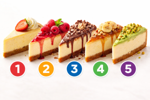 Пять разных чизкейков — классический, с малиной, шоколадный, карамельный и фисташковый — с номерами для психологического теста.