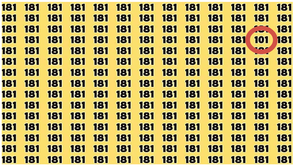 множество чисел 181 на жёлтом фоне, среди которых спрятано число 101, визуальный тест на внимательность