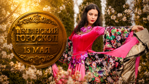 Цыганка на фоне золотой монеты и цветущих весенних ветвей символизирует судьбу, перемены и мистический цыганский гороскоп
