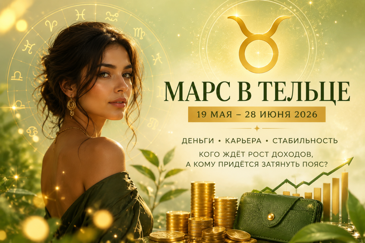 Золотистый астрологический круг на фоне космоса и символ Марса в знаке Тельца, символизирующий финансовые перемены и влияние планет на знаки Зодиака.