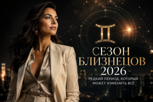 Женщина на фоне звёздного неба и сияющего зодиакального круга во время сезона Близнецов 2026