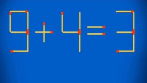 Головоломка со спичками «9 + 4 = 3», где нужно переставить одну спичку для получения правильного уравнения.