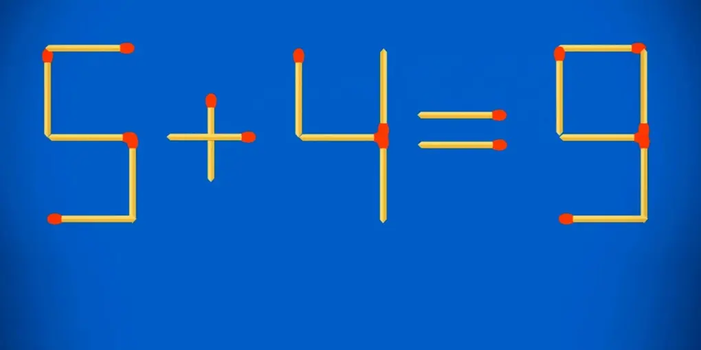 Головоломка со спичками «9 + 4 = 3», где нужно переставить одну спичку для получения правильного уравнения.