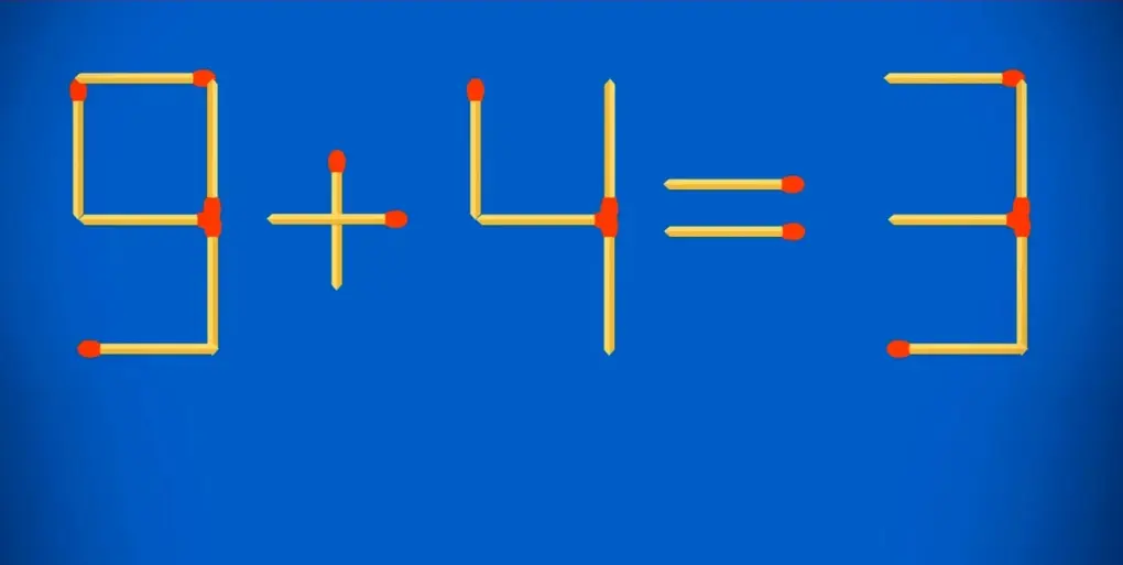 Головоломка со спичками «9 + 4 = 3», где нужно переставить одну спичку для получения правильного уравнения.