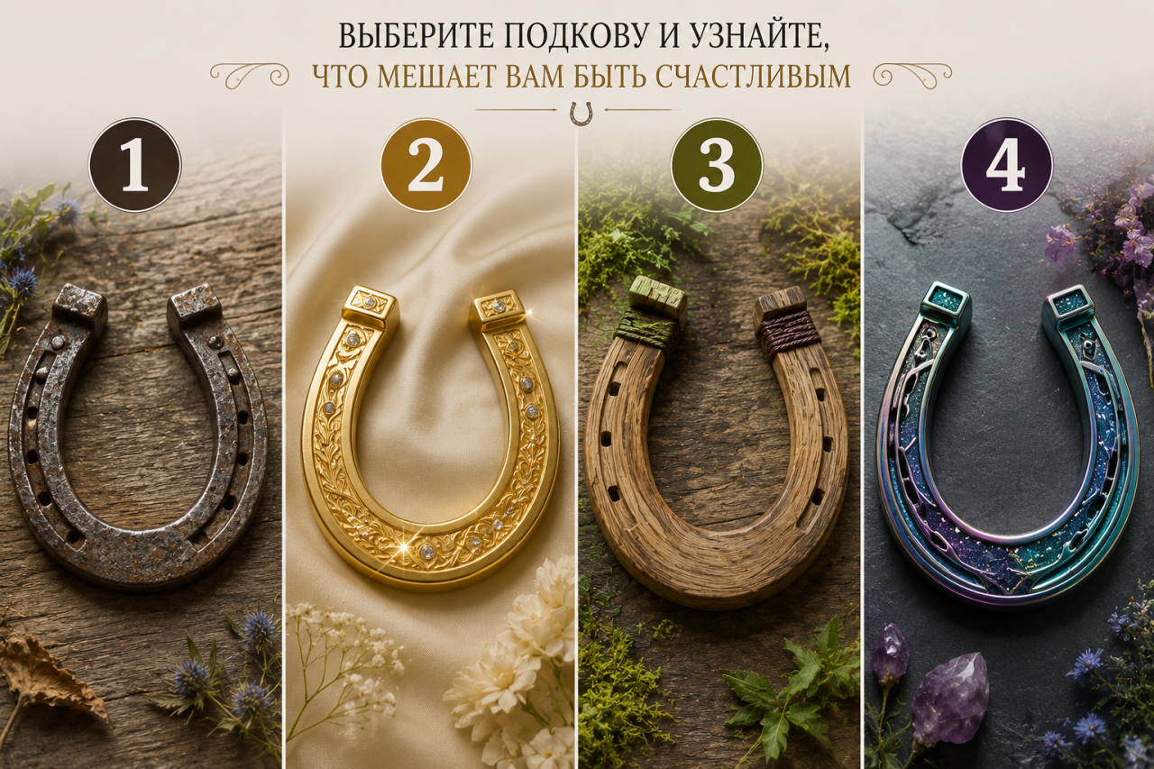 Четыре разные подковы — старая кованая, золотая, деревянная и дизайнерская — с номерами для психологического теста о счастье и внутреннем состоянии.