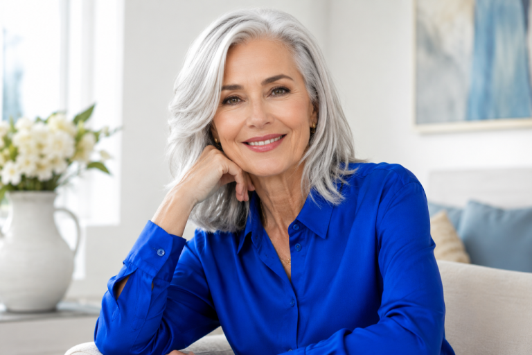 Один цвет в одежде делает седину роскошной: эффект anti-age без косметолога