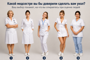 Пять медсестёр разного возраста и стиля в медицинской форме стоят в ряд на светлом фоне. Под каждой медсестрой указан номер от 1 до 5 для прохождения психологического теста.
