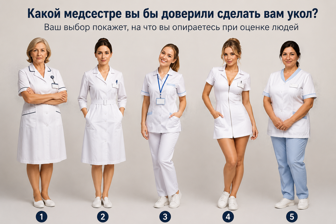 Пять медсестёр разного возраста и стиля в медицинской форме стоят в ряд на светлом фоне. Под каждой медсестрой указан номер от 1 до 5 для прохождения психологического теста.