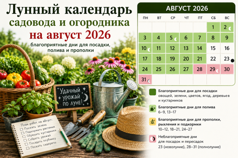 Календарь садовода на август 2026: благоприятные дни для посадки, подкормки и сбора урожая