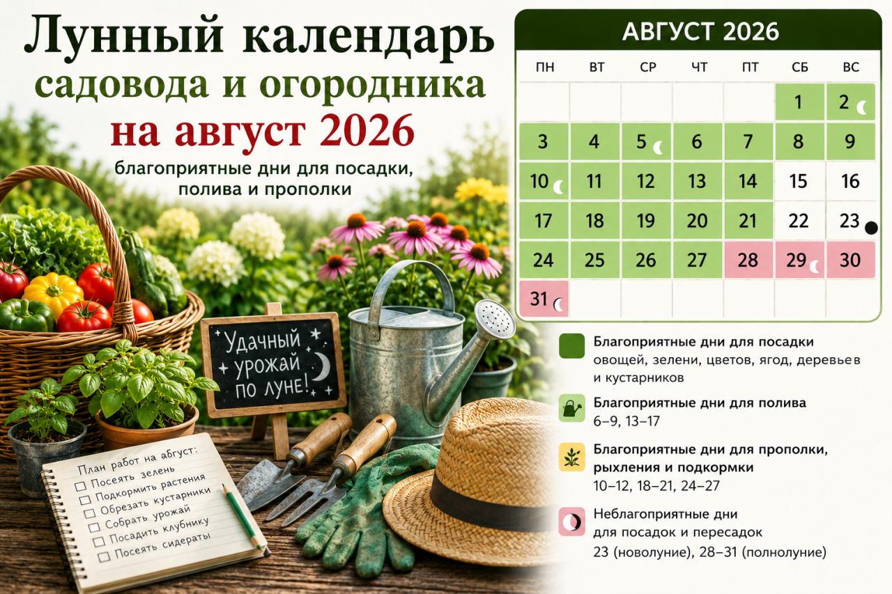 Календарь садовода на август 2026: благоприятные дни для посадки, подкормки и сбора урожая