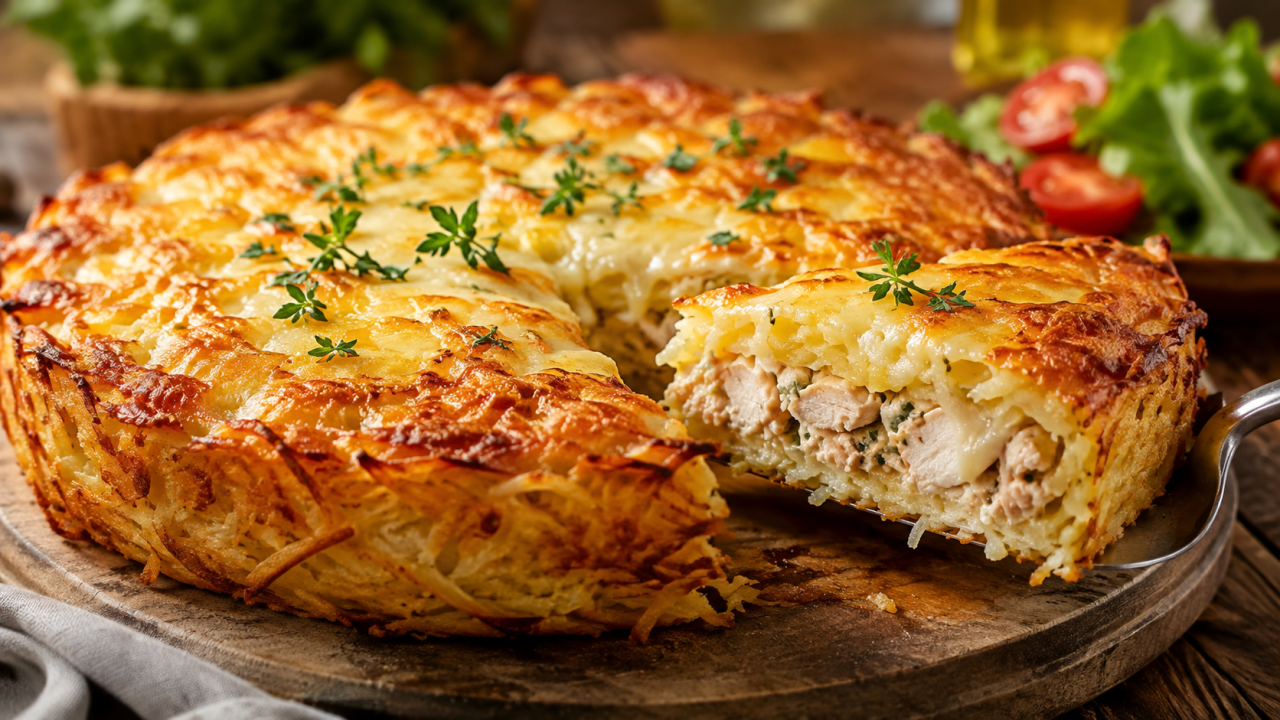 Натираю картофель, выкладываю курицу и накрываю сыром: пирог без теста держит форму и остаётся сочным