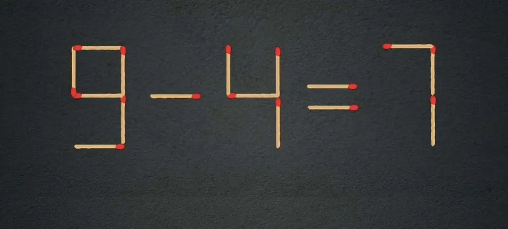 Переместите одну спичку, чтобы пример «9 - 4 = 7» стал верным.