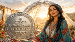 Цыганка в утреннем свете рядом с большой серебряной монетой с надписью «ЦЫГАНСКИЙ ГОРОСКОП» и датой 9 августа 2026 года на фоне Серебряной арки.
