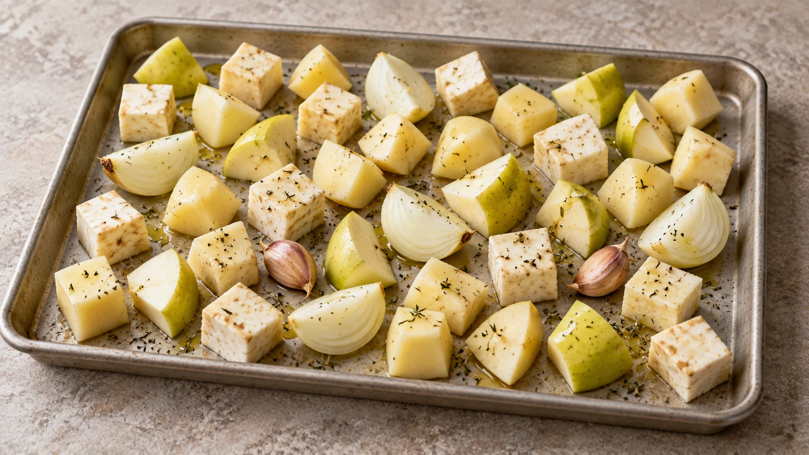 Кубики корня сельдерея, картофеля и яблока с дольками лука на светлом противне