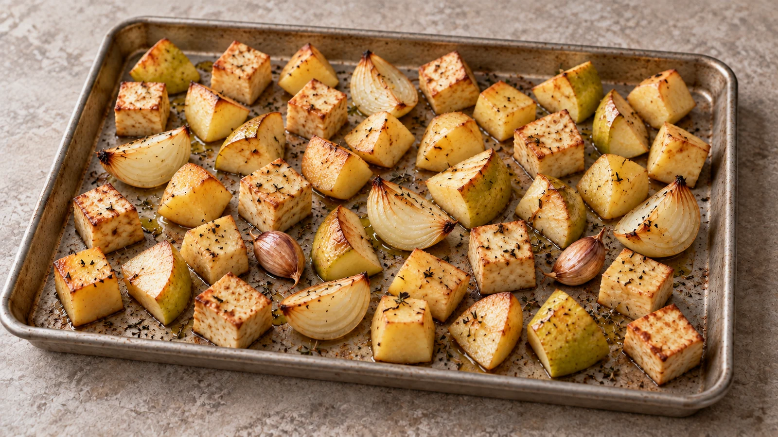 Запечённые кусочки сельдерея, картофеля, яблока и лука с золотистыми краями