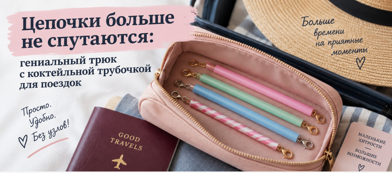 Цепочки больше не спутаются: гениальный трюк с коктейльной трубочкой для поездок
