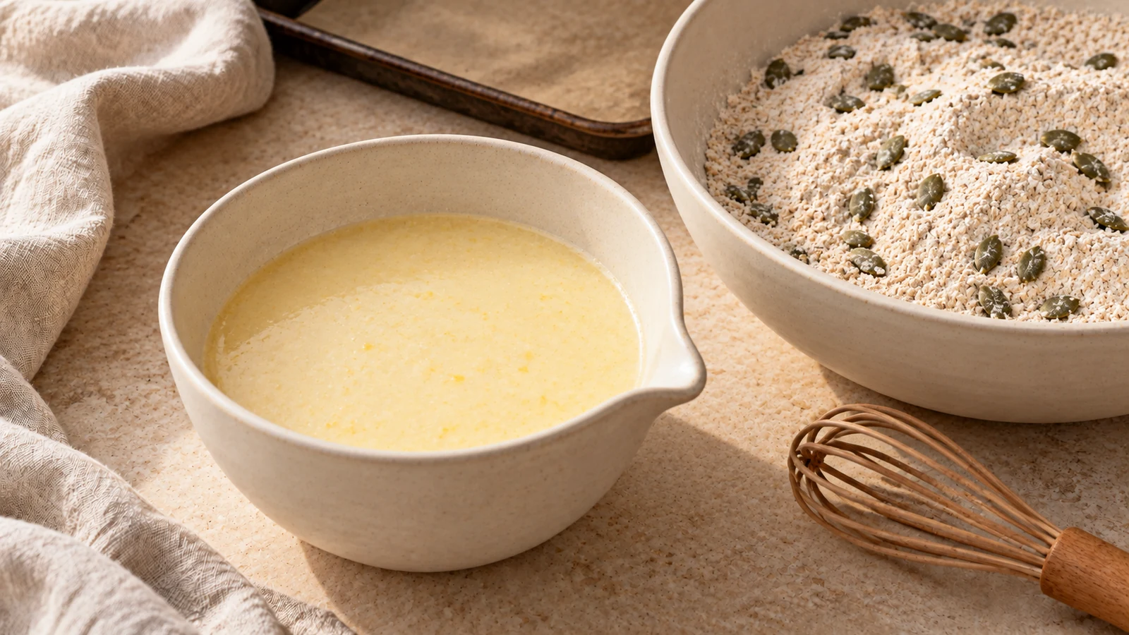 Кефир с растопленным сливочным маслом и мёдом в светлом кувшине рядом с сухой смесью.