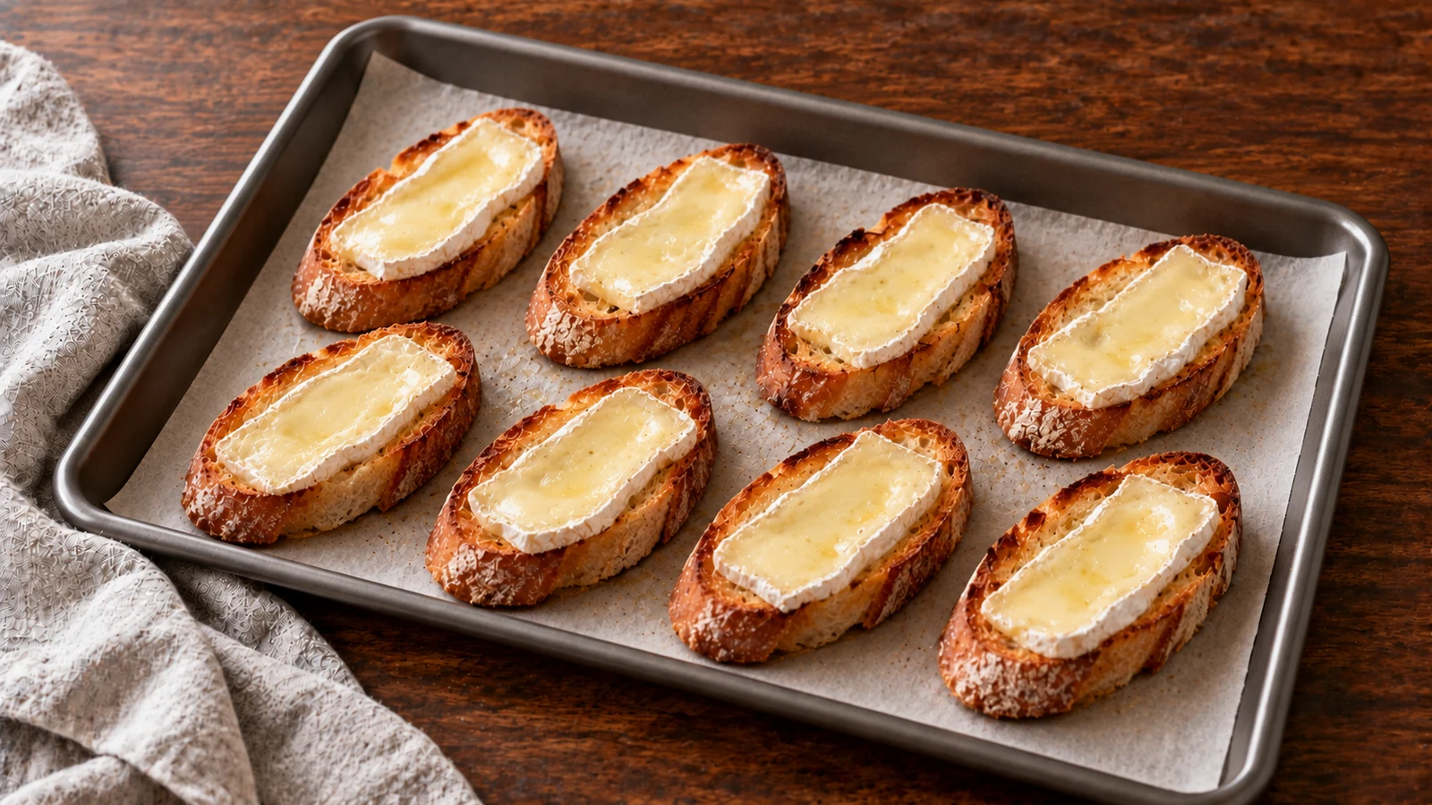 Подрумяненные ломтики хлеба покрыты пластинками мягкого бри на небольшом тёмном противне.