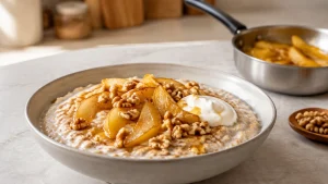Кремовая овсянка с тёплой грушей, грецкими орехами, йогуртом и мёдом