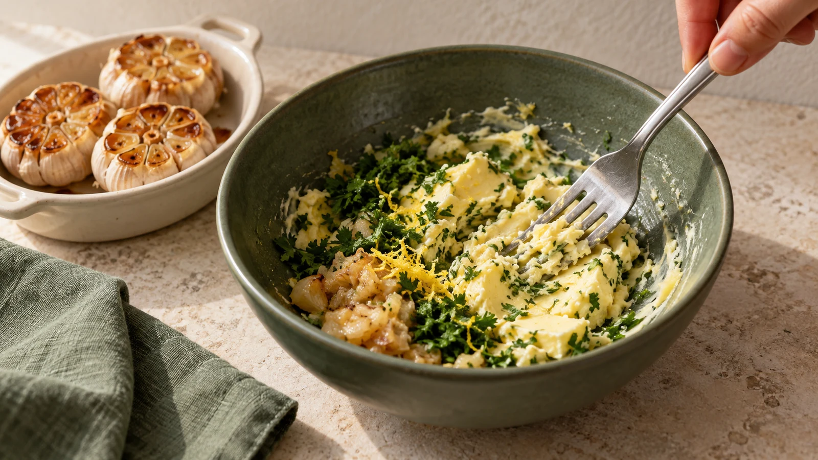 Печёный чеснок смешивают с мягким маслом, петрушкой и лимонной цедрой