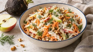 Салат из чёрной редьки, яблока и моркови с грецкими орехами в светлой керамической миске