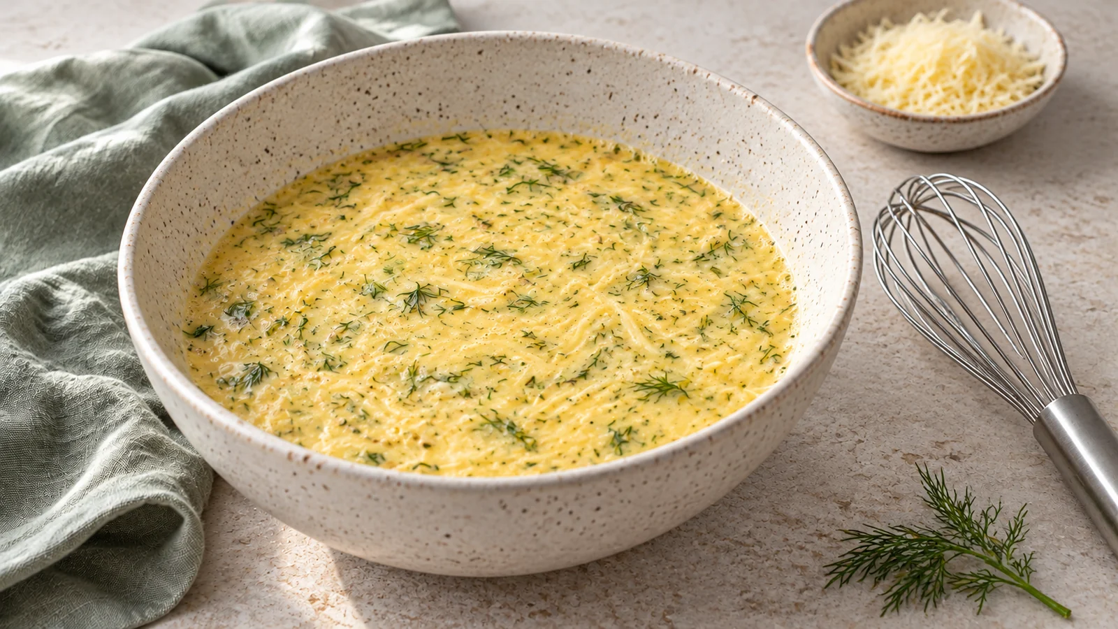 Яичная смесь с тёртым сыром и укропом в светлой керамической миске