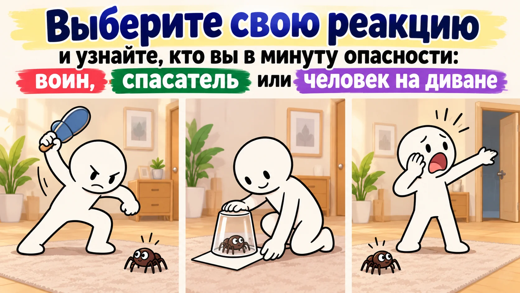 Тапок, стакан или паническое бегство: выберите реакцию на паука - и тест покажет, как вы встречаете внезапный стресс