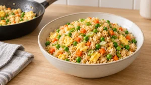 Жареный рис с яйцом, зелёным горошком и морковью в светлой керамической миске